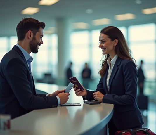 Voyageur souriant avec passeport d'urgence à l'aéroport