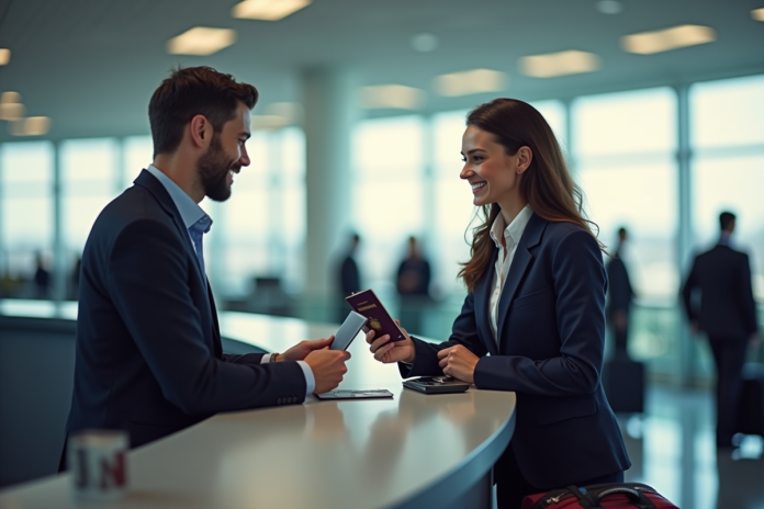 voyageur-aeroport-passeport-durgence Voyageur souriant avec passeport d'urgence à l'aéroport