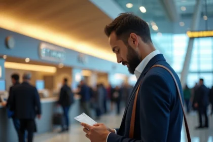 Voyageur examinant son billet Etihad Airways au comptoir d'enregistrement de l'aéroport d'Abu Dhabi