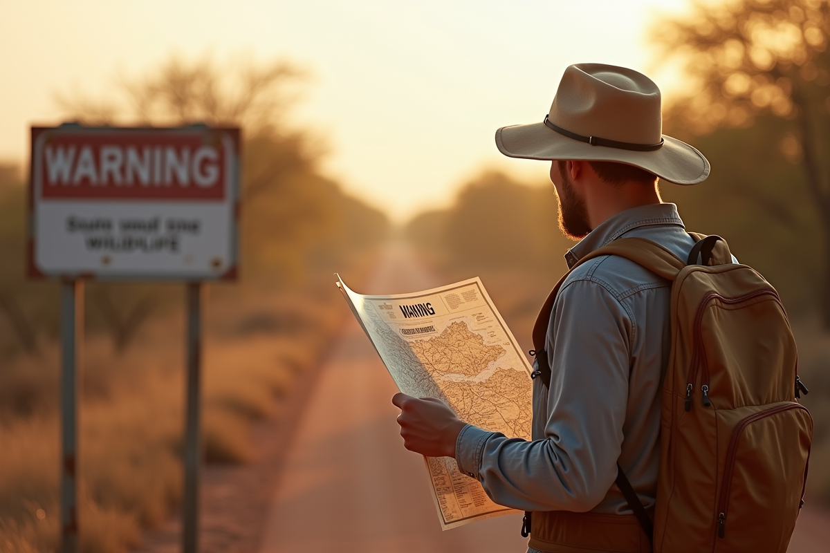 Voyageur avec carte près d’un panneau de signalisation en Namibie