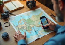 Voyageur planifiant un road trip avec carte et smartphone