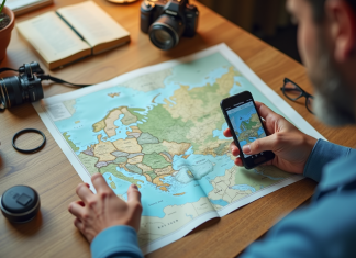 Voyageur planifiant un road trip avec carte et smartphone