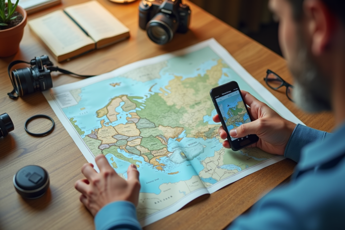 Voyageur planifiant un road trip avec carte et smartphone