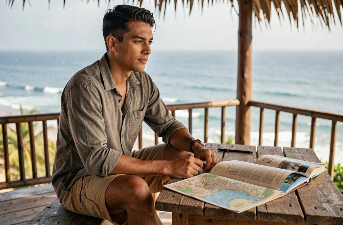 Voyageur consulant une carte et un guide de voyage sur une terrasse en bois à Mazunte avec vue sur l'océan Pacifique