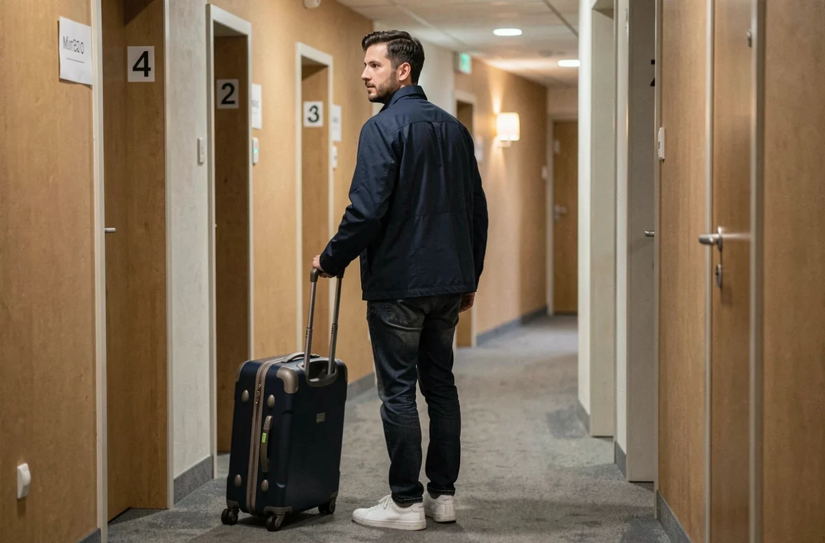 Voyageur tirant sa valise cabine dans le couloir d'un hôtel économique à Strasbourg, arrivée tardive avant un vol à l'aéroport d'Entzheim