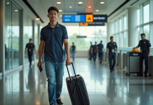 Astuces infaillibles pour franchir rapidement la douane à l’aéroport de Denpasar Jeune homme asiatique marchant à l'aéroport de Denpasar