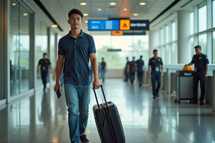 voyageur-denpasar-aeroport Jeune homme asiatique marchant à l'aéroport de Denpasar