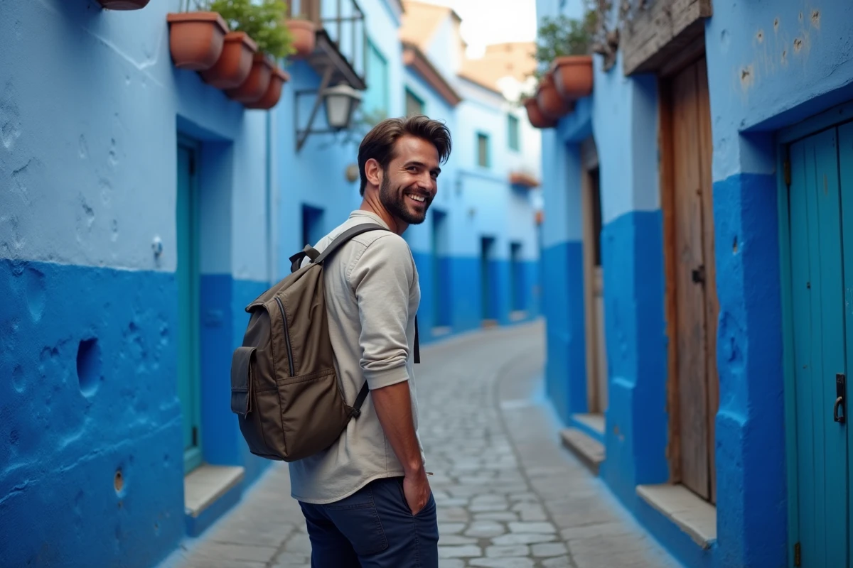 Voyageur dans les ruelles bleues de Chefchaouen au Maroc, décor pittoresque idéal pour les photos Instagram
