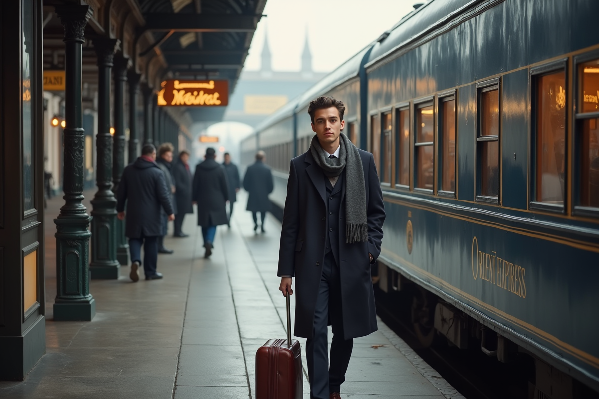 Jeune voyageur devant le train Orient Express à la gare
