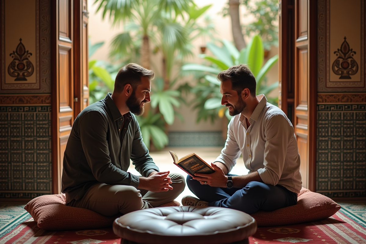 Deux voyageurs discutent dans un riad marocain traditionnel