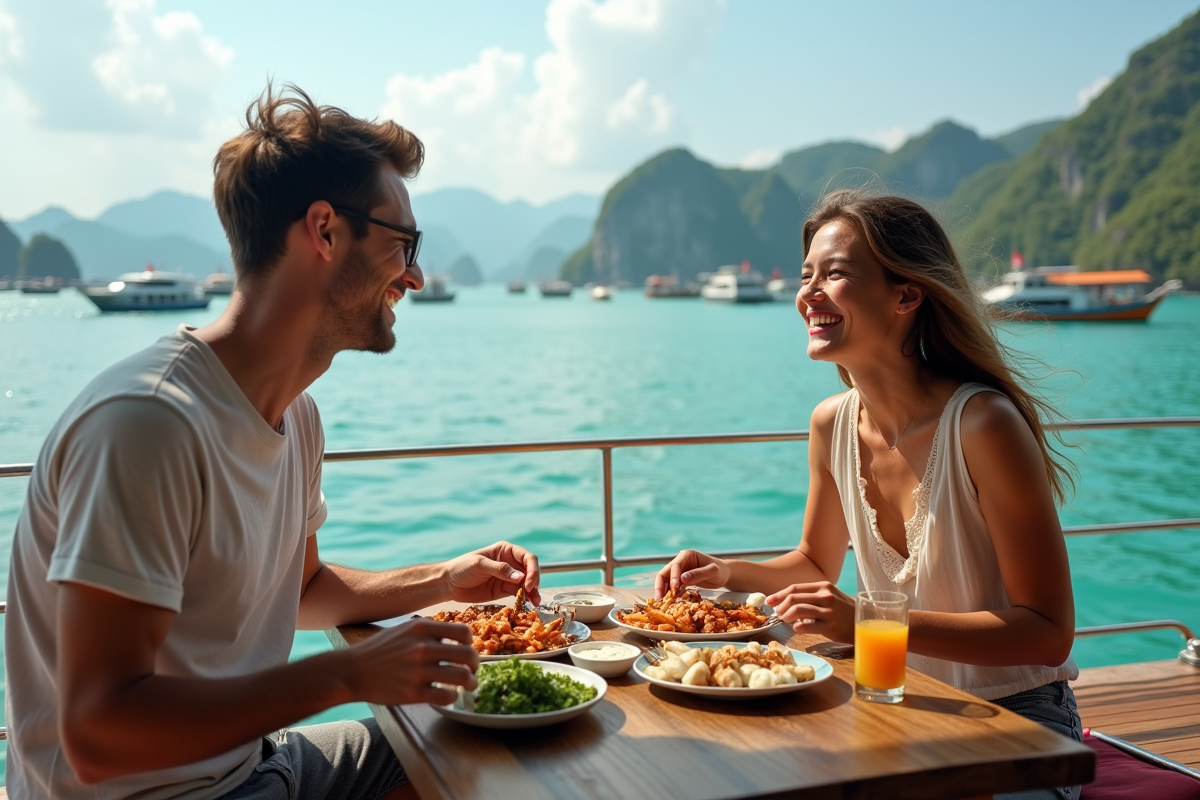 Jeunes voyageurs partageant fruits de mer sur un bateau