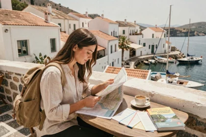Jeune voyageuse consultant une carte papier dans un café méditerranéen avec vue sur un port blanc et des toits en tuiles rouges