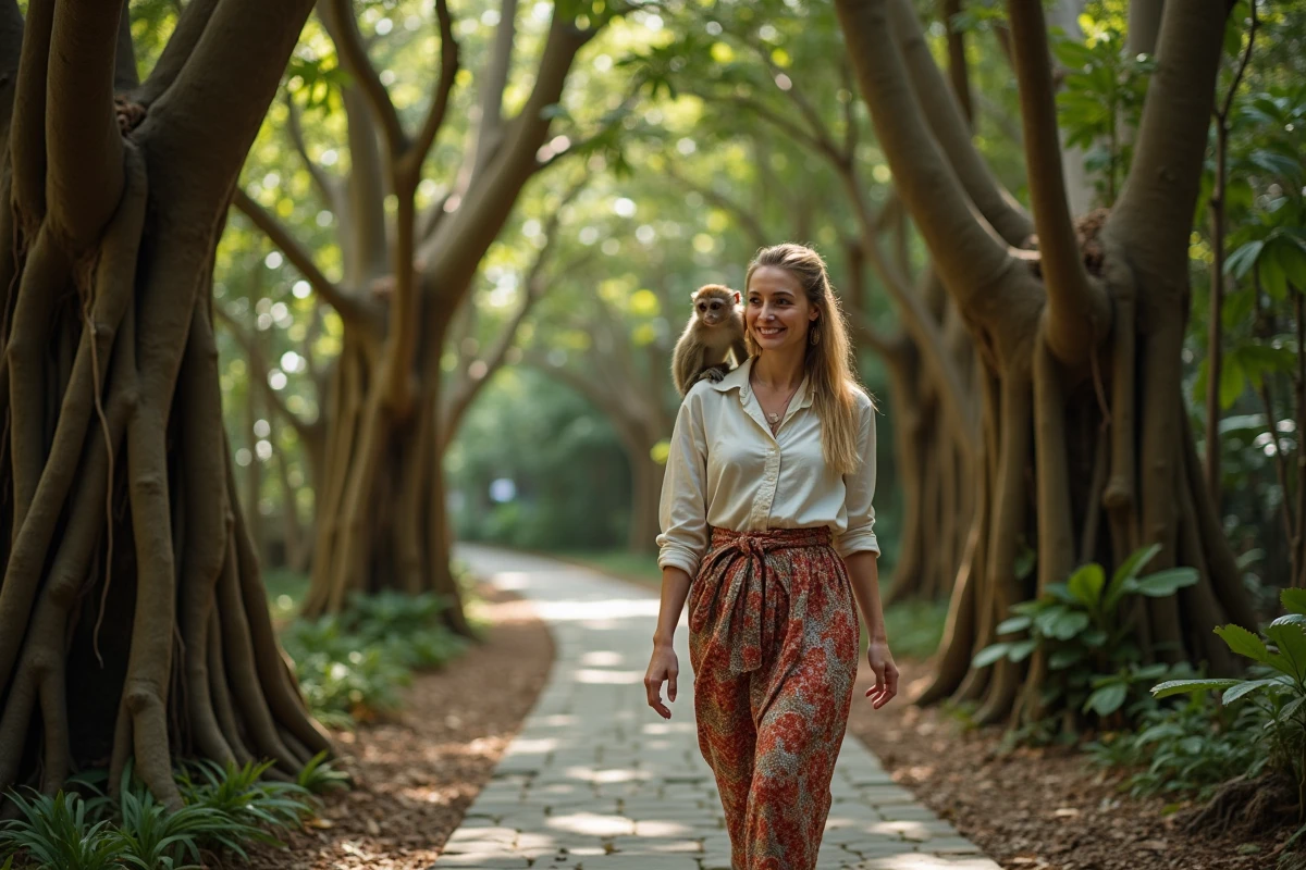 Voyageuse en sarong balinais se promenant sur le chemin de pierre de la Monkey Forest d'Ubud avec un macaque posé sur son épaule