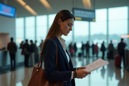 Voyageuse française au comptoir d'enregistrement Air India dans un aéroport international moderne