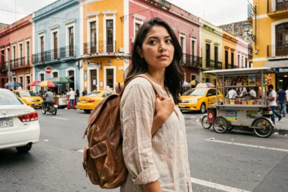 Femme voyageuse avec sac à dos dans une rue animée de Mexico City avec bâtiments coloniaux colorés en arrière-plan