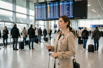 Voyageuse consultant le panneau des départs dans le terminal d'Orly avant un vol TUI Fly