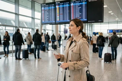 Voyageuse consultant le panneau des départs dans le terminal d'Orly avant un vol TUI Fly