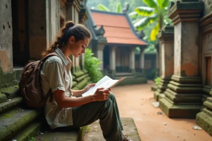 Voyageuse solo consultant une carte papier devant un temple thaïlandais isolé dans le nord de la Thaïlande hors des sentiers battus