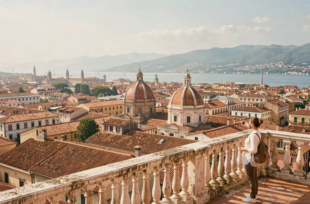 Voyageuse seule admirant le panorama de Palerme depuis la terrasse du Palais des Normands en été