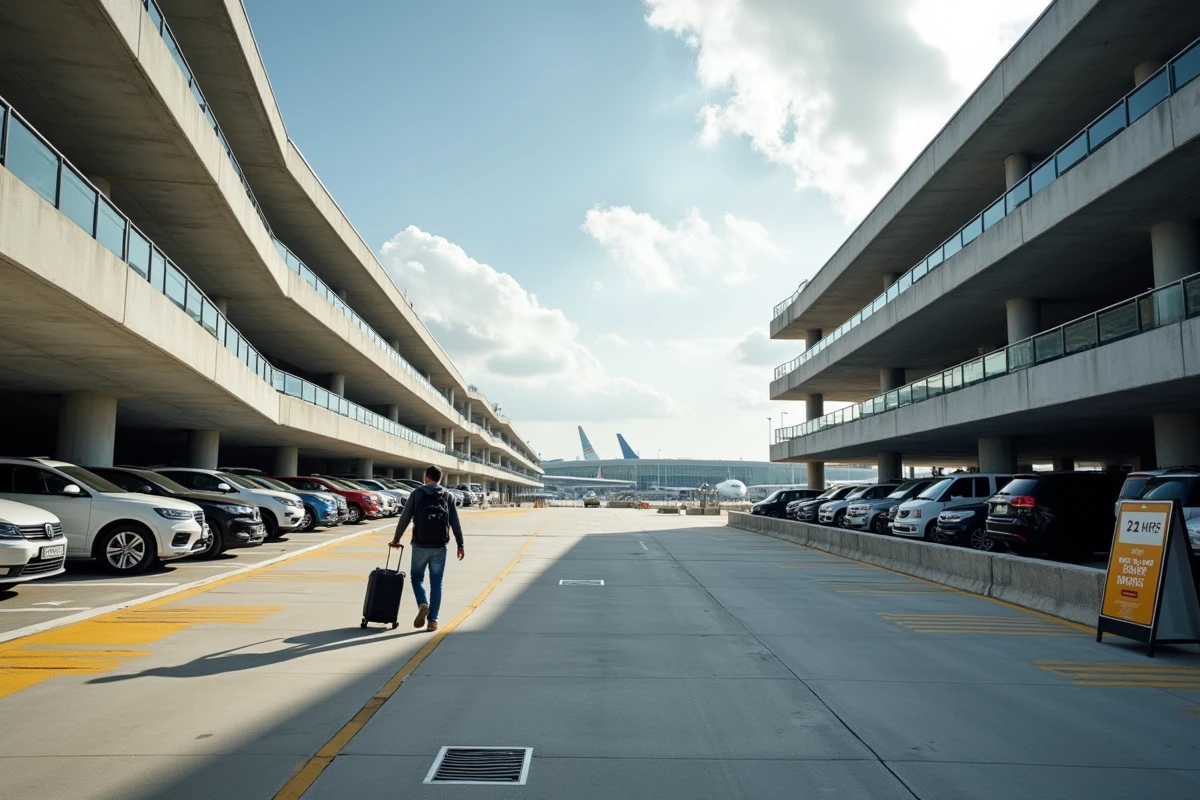 Vue extérieure du parking économique P5 de l'aéroport international de Toulouse-Blagnac avec navette