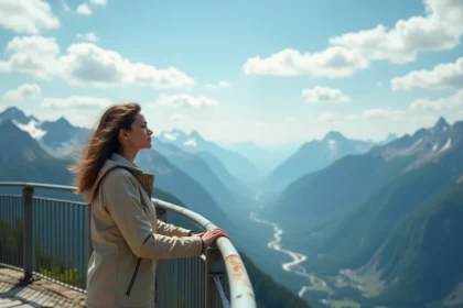 Femme admirant la vue panoramique depuis la Tour de Piz avec montagnes alpines en arrière-plan